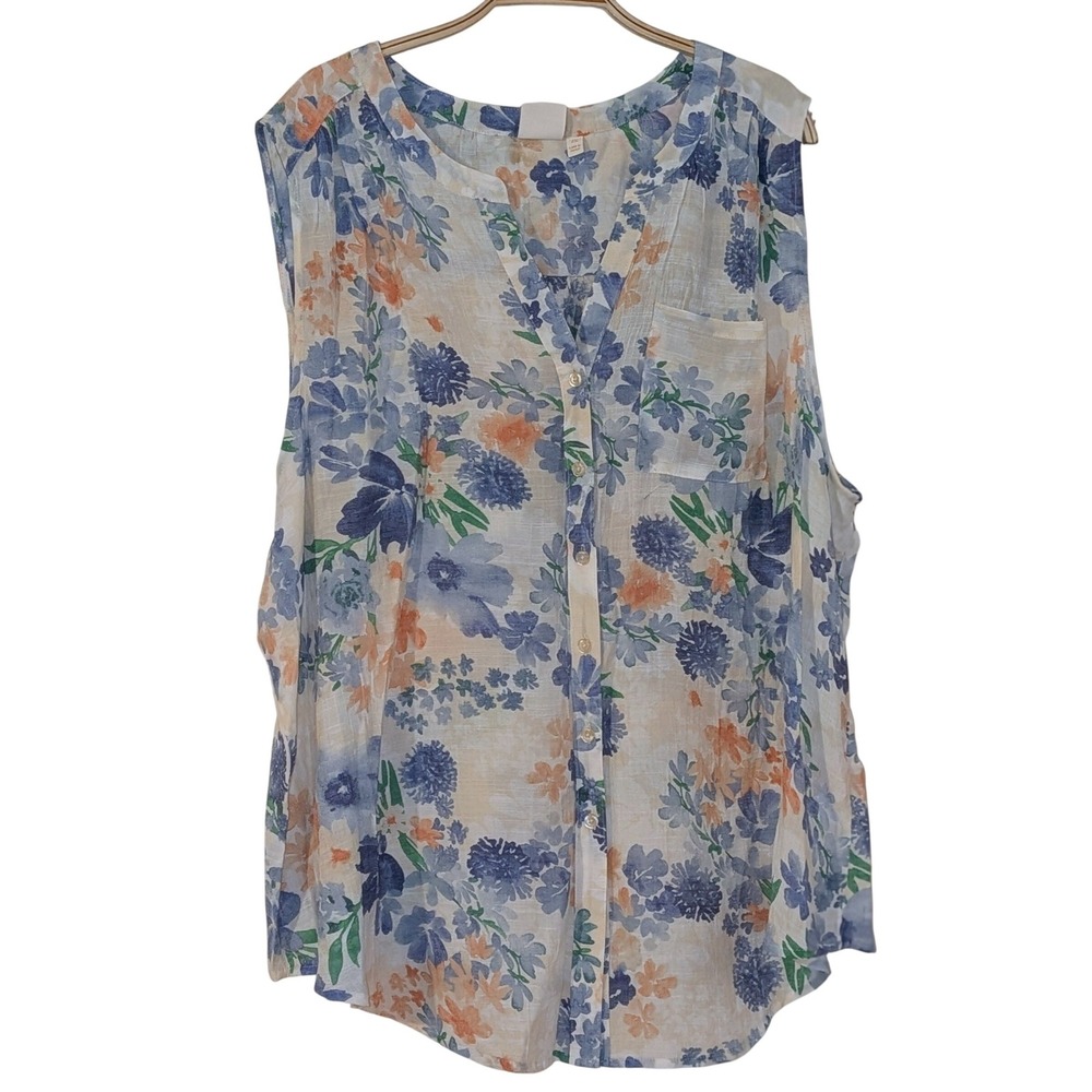 Zac & Rachel Woman‎ 3X Floral Sleeveless Button Up Blouse White Blue NEW